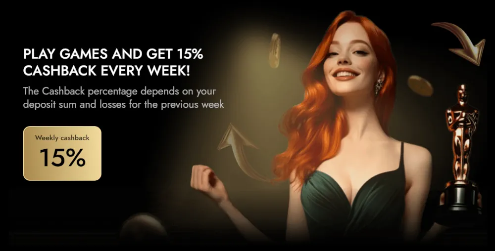 Banner promo cashback săptămânal 15% Oscar Spin cu statuia Oscar